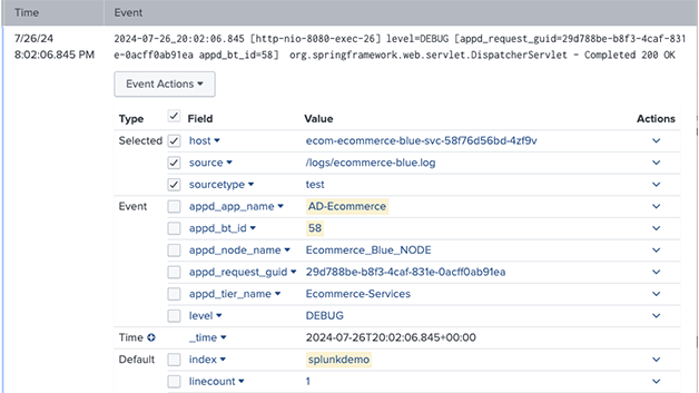 Screenshot image of product showing how AppDynamics agents enhance Splunk logs with relevant metadata